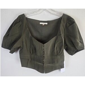 Backyard Roses Olive Green Crop Top‎ Puff Sleeve Hook & Eye Blouse Medium